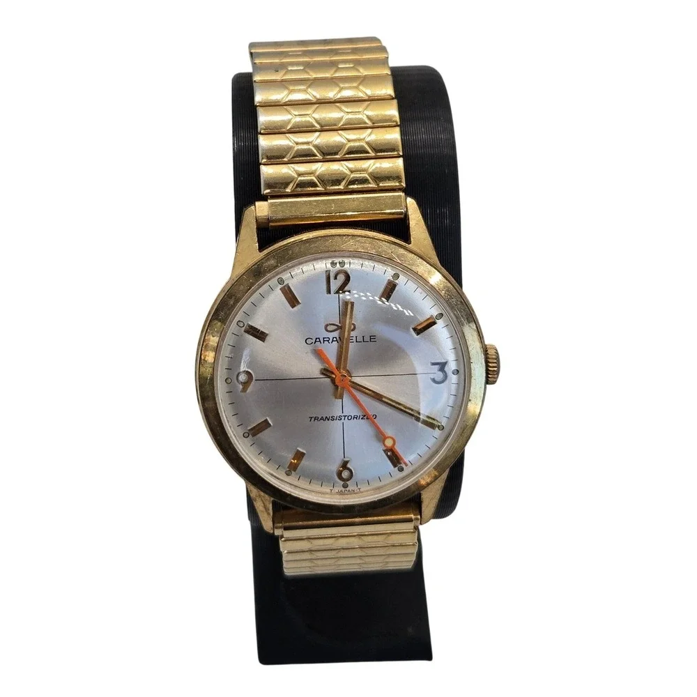 Vintage Caravelle Transistorized Mens Watch Gold Tone Stretch Band Parts Repair